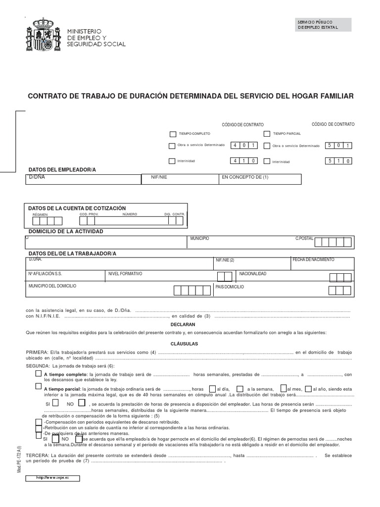 Mod PE 172 Modelo Contrato Temporal Empleada de Hogar PDF | PDF | Tiempo de  trabajo | Derecho laboral