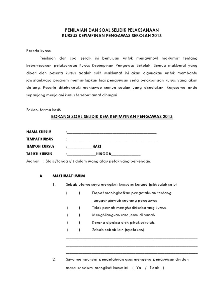 Borang Soal Selidik Kem Kepimpinan Pengawas 2013 Pdf