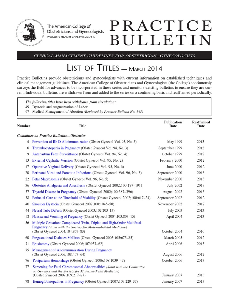 ACOG Practice Bulletins List 2014 | PDF | Pregnancy | Childbirth