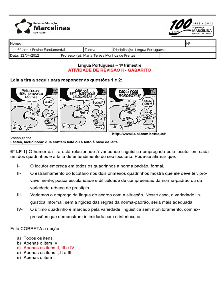 Exercícios de Variação Linguística 6º Ano | PDF | Lewis Carroll ...