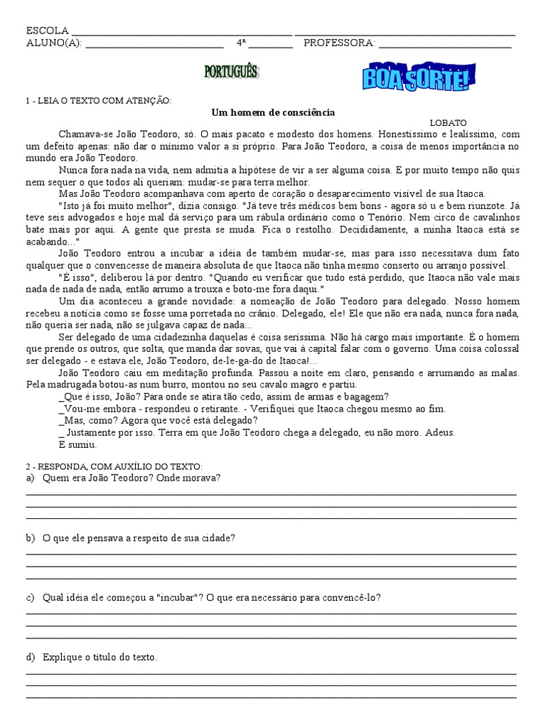 Leia O Texto Com Atenção E Complete As Frases Corretamente
