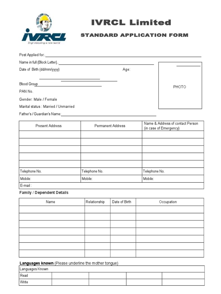 IVRCL Limited: Standard Application Form | PDF | Labor | Employment