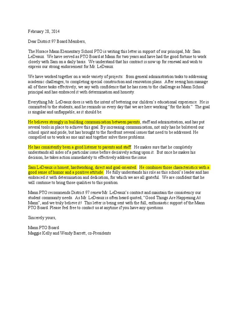 Horace Mann PTO Board Letter