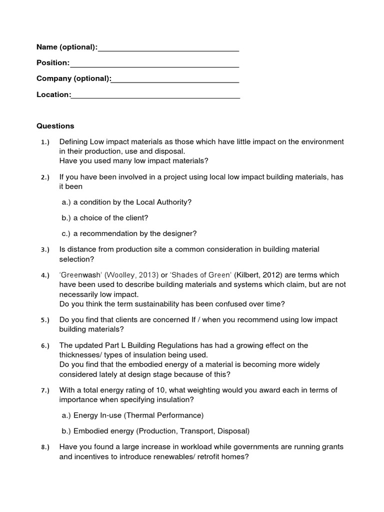 Low Impact Materials Questionnaire | PDF | Building Materials ...