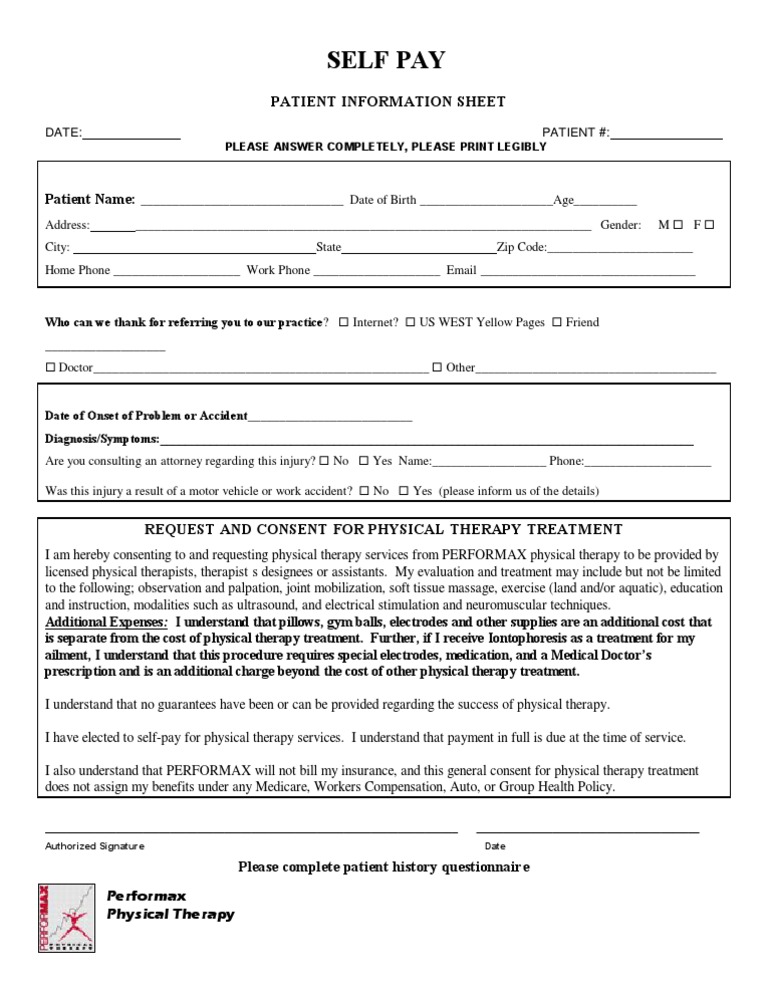Self Pay Information Form PDF Physical Therapy Health Care