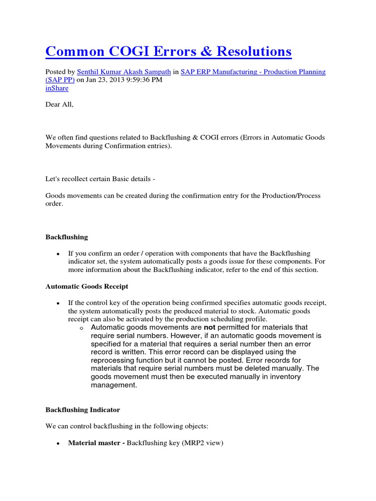 SAP Common COGI Errors PDF Error Inventory