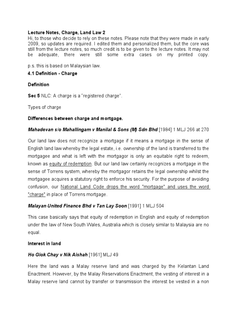 Lecture Notes on Malaysian Land Law An Overview of Charges on Land PDF Mortgage Law Res