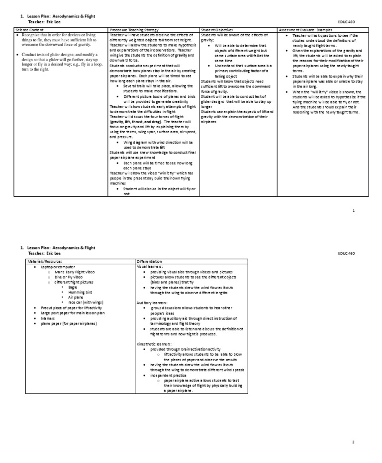 Teacher: Eric Lee: 1. Lesson Plan: Aerodynamics & Flight | PDF | Flight ...