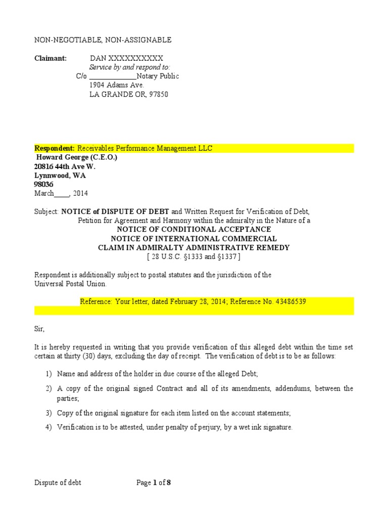 First Presentment Verification Of Debt PDF Collection Agency