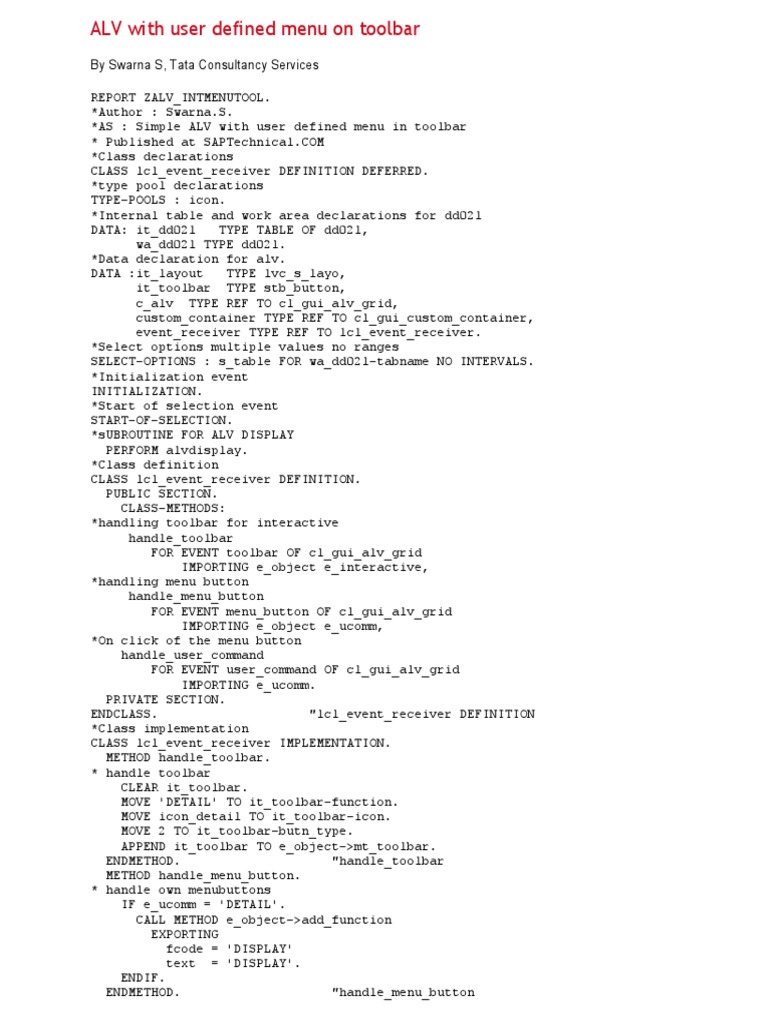 ALV With User Defined Menu On Toolbar | PDF | Programming Paradigms ...