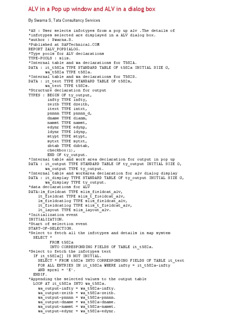 ALV Popup and Dialog Box Overview | PDF | Computer Programming | Computing