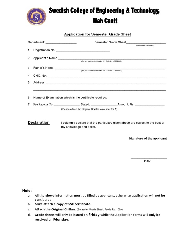 Semester Grade Sheet Application Form | PDF