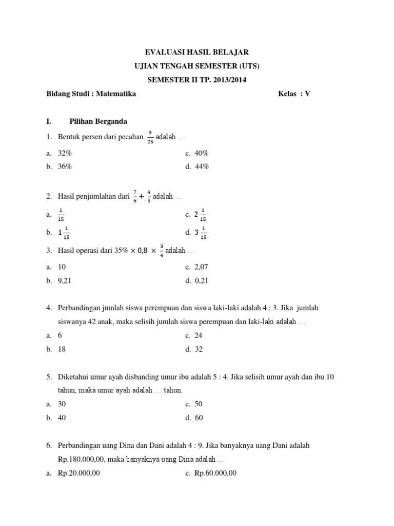 Soal Uts Matematika Kelas 5 Sd