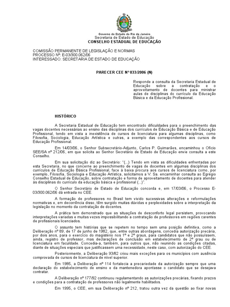 Parecer Normativo CEE 33-2006 | PDF | Ensino Superior | Professores