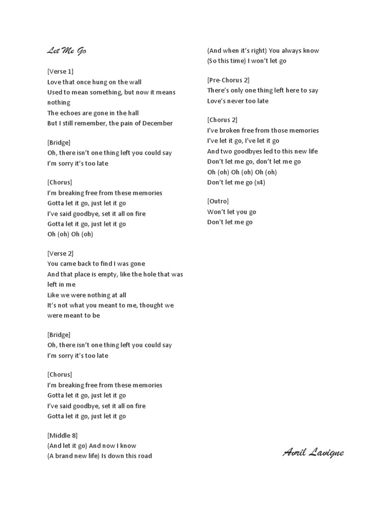 Avril Lavigne Let Me Go Song Structure Songs Written