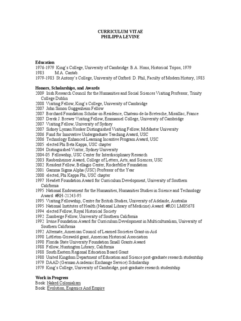 Philippa Levine CV PDF Feminism Gender Studies