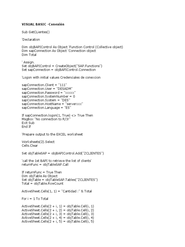 VISUAL BASIC Conexión SAP | PDF