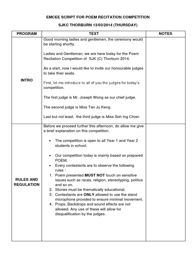 Emcee Script for Poem Recitation 2014