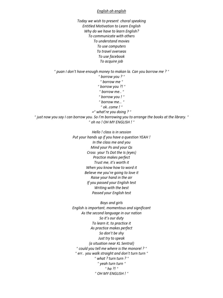 Choral Speaking Script English Language Leisure