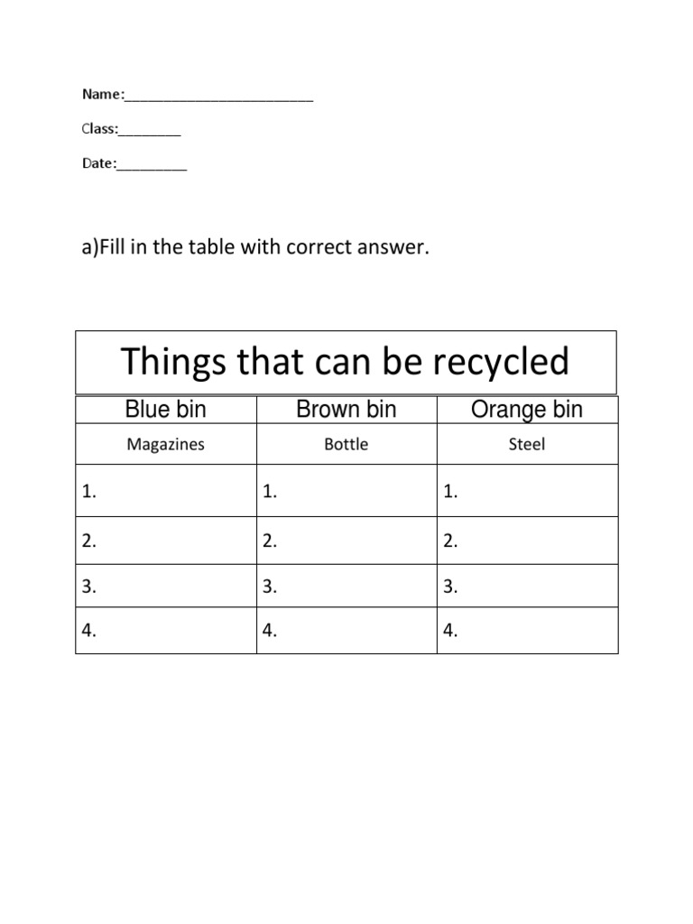 Things that can be recycled a fill in the table with correct answer pdf