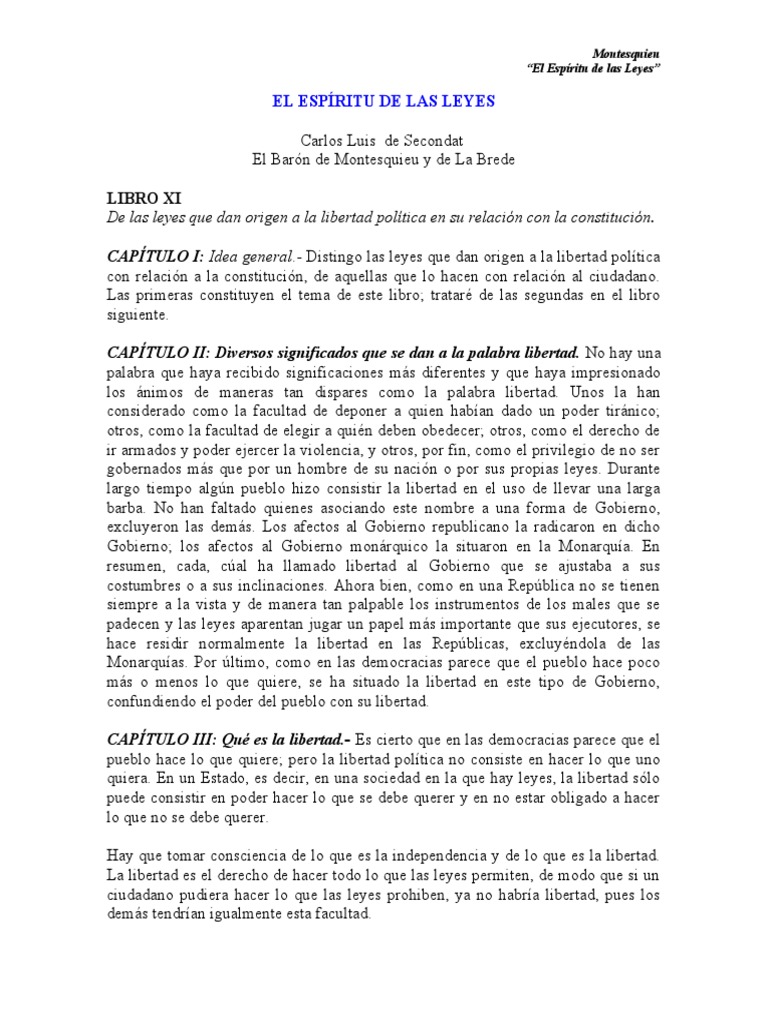 Montesquieu Carlos Luis de Secondat Libertad Estado (Forma de gobierno)
