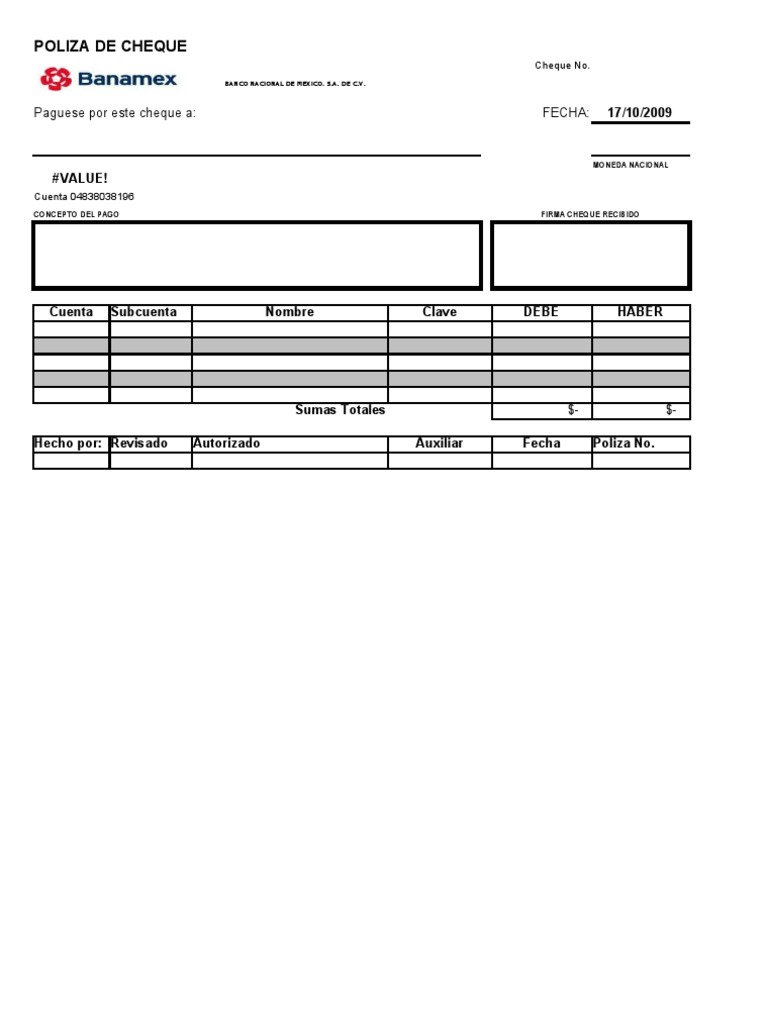 Póliza de Cheque Banco Nacional México | PDF | Libra esterlina ...
