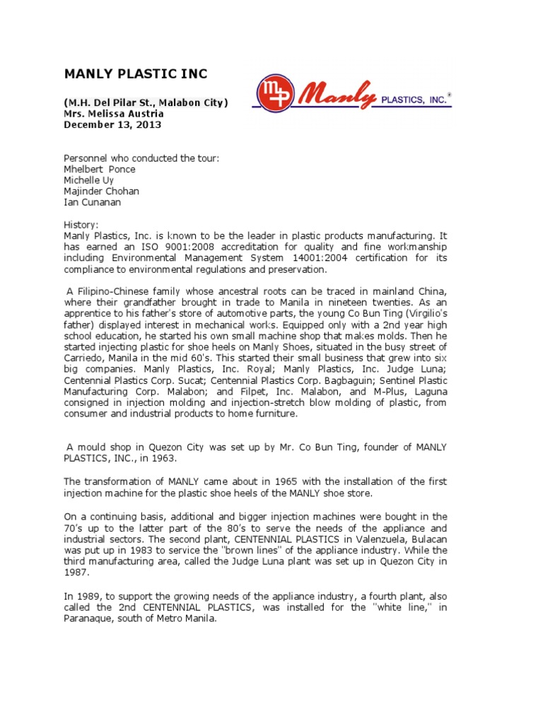 Manly Plastic Inc PDF Materials Building Engineering