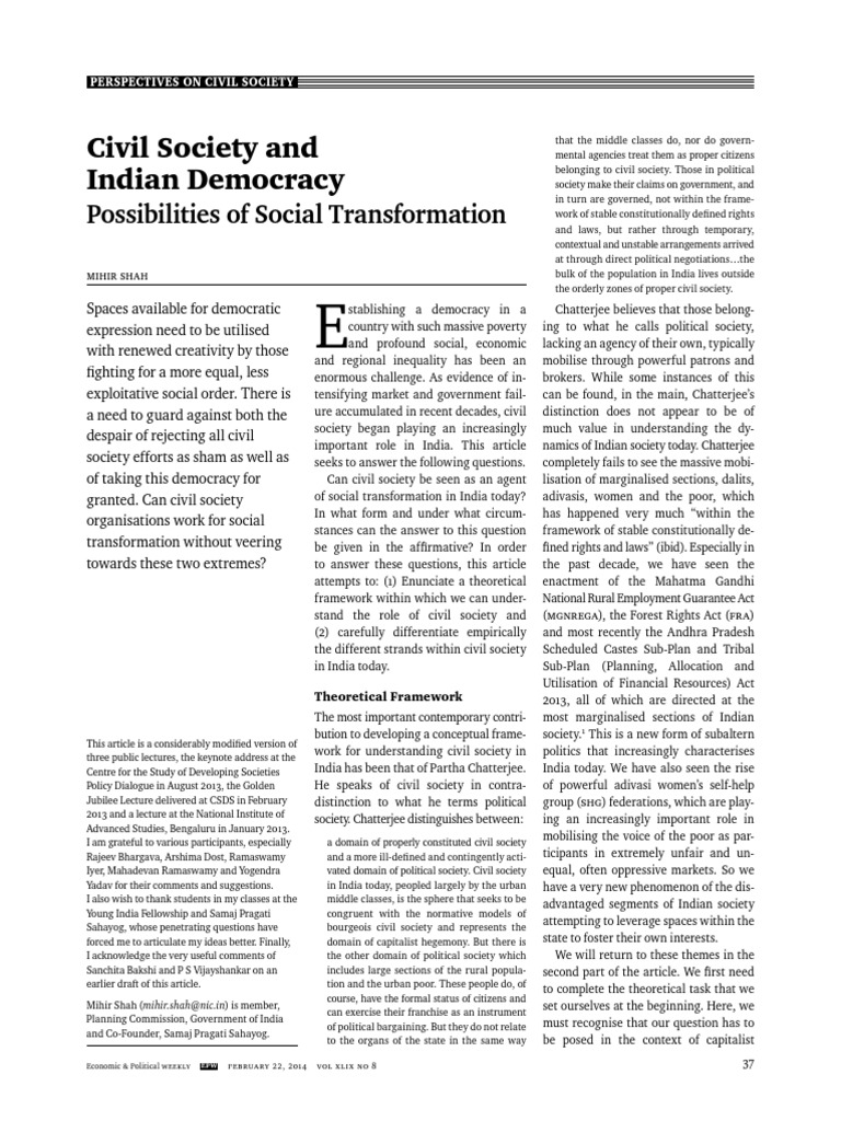 Civil Society's Role in Indian Democracy | PDF | Civil Society ...