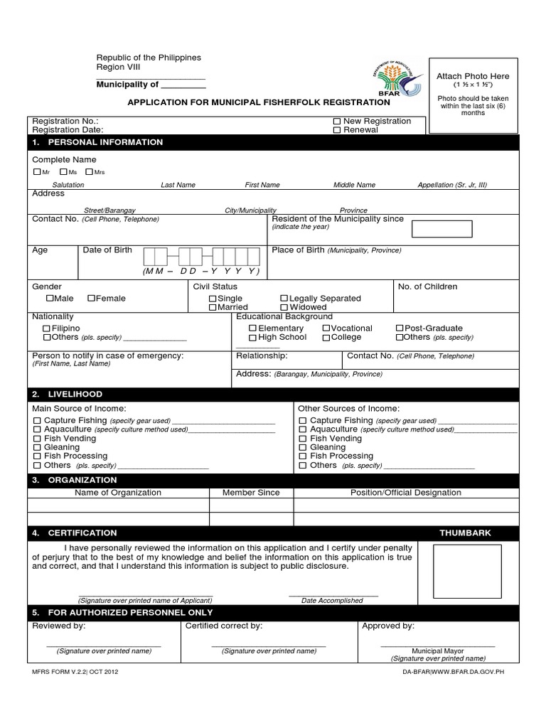 Application Form for Municipal Fisherfolk Registration