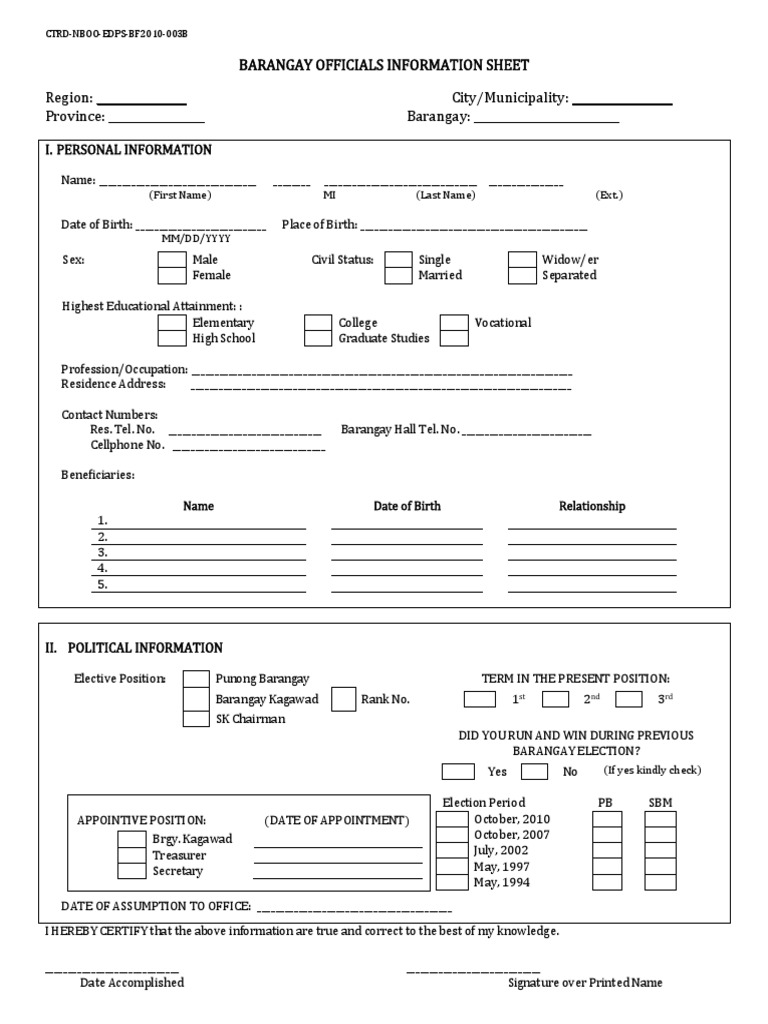 Barangay Officials Information Sheet Form