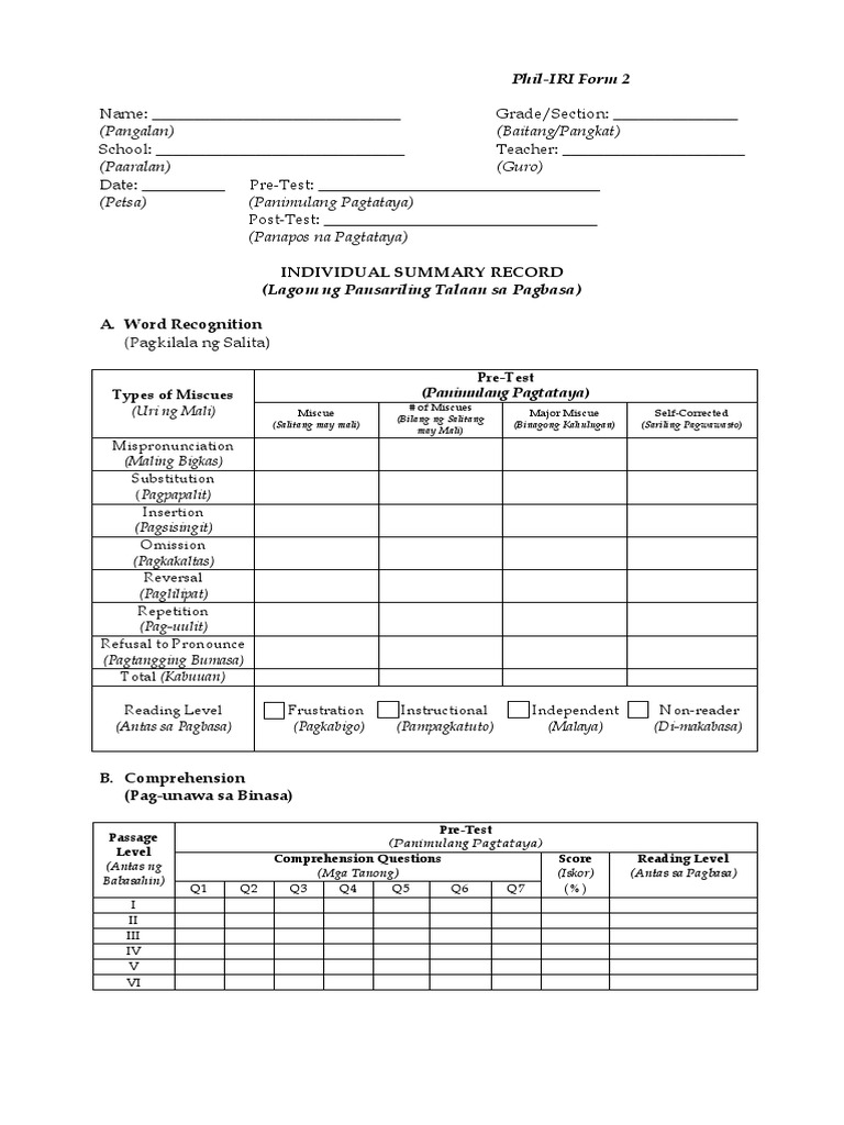 Phil-IRI Form 2 | PDF