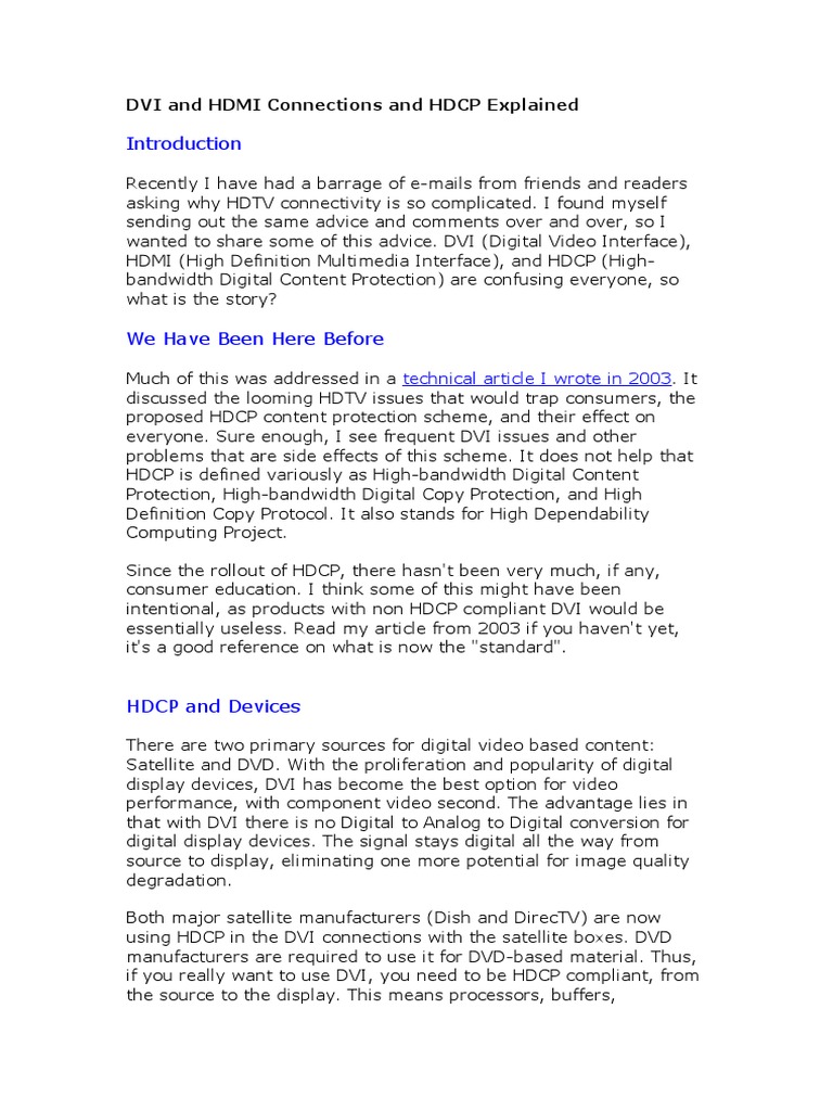 DVI, HDMI, and HDCP Overview PDF Television Technology Broadcast