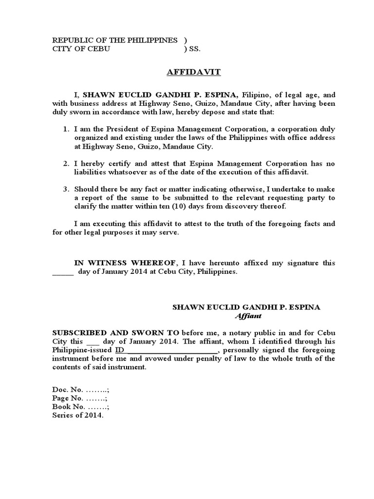Affidavit: IN WITNESS WHEREOF, I have hereunto affixed my signature this