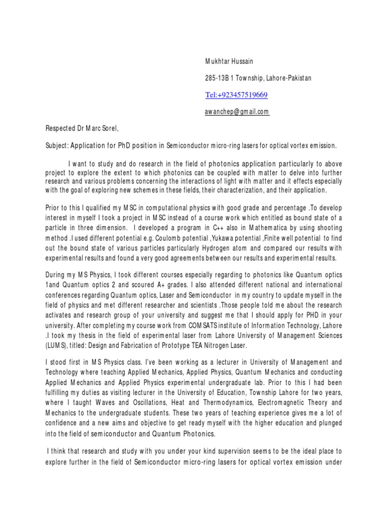Application For PHD Position in Photonics Application Particularly