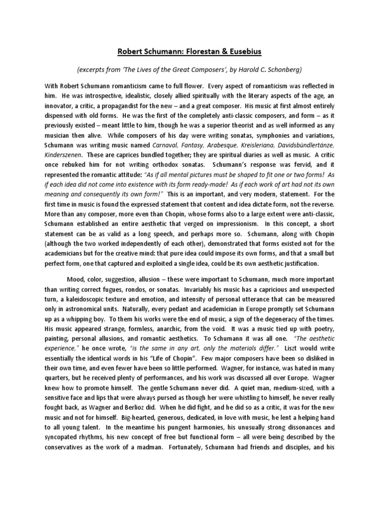 Robert Schumann: Florestan & Eusebius: (excerpts from ‘The Lives of the ...