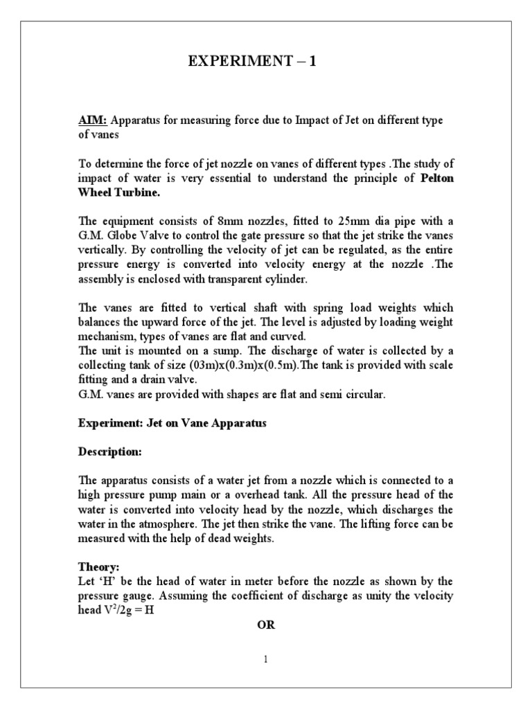 Experiment - 1: AIM: Apparatus For Measuring Force Due To Impact of Jet ...