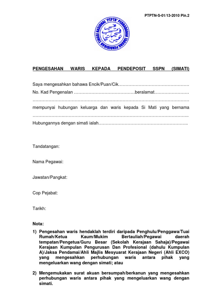 Pengesahan Waris Kepada Pendeposit Sspn-Update 290610 Iso 