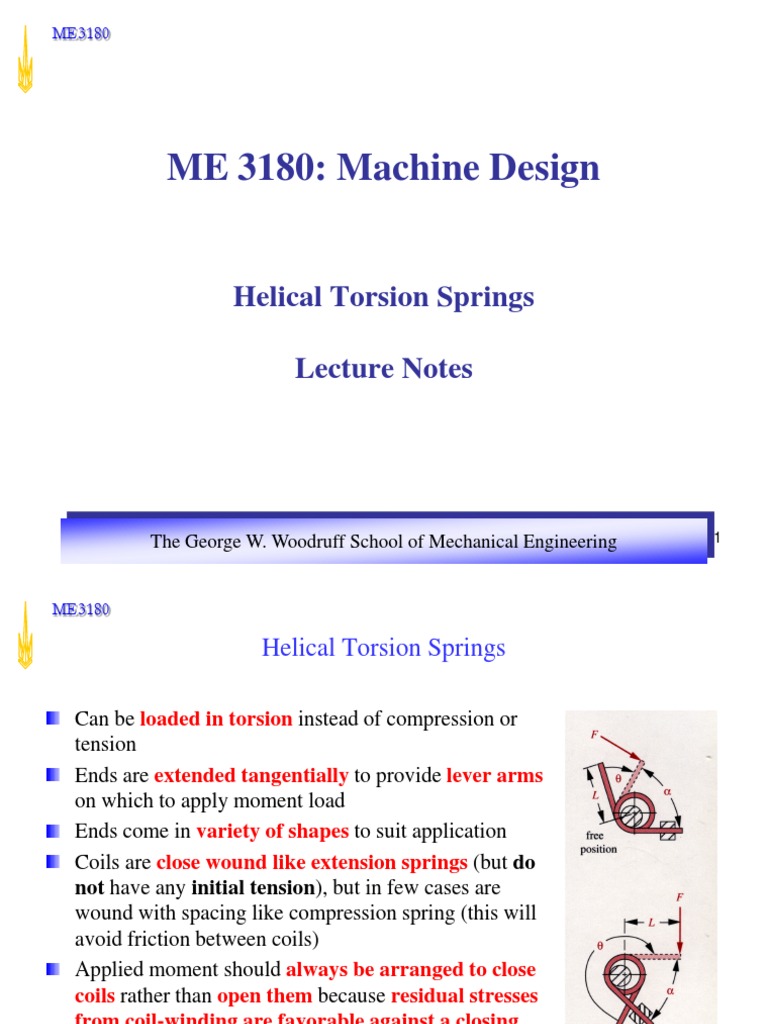 ME 3180 Machine Design Helical Torsion Springs Lecture Notes PDF