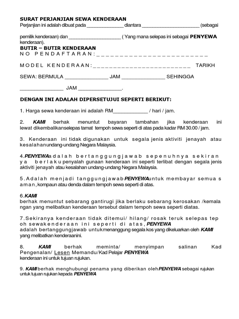 Surat Perjanjian Sewa Kenderaan