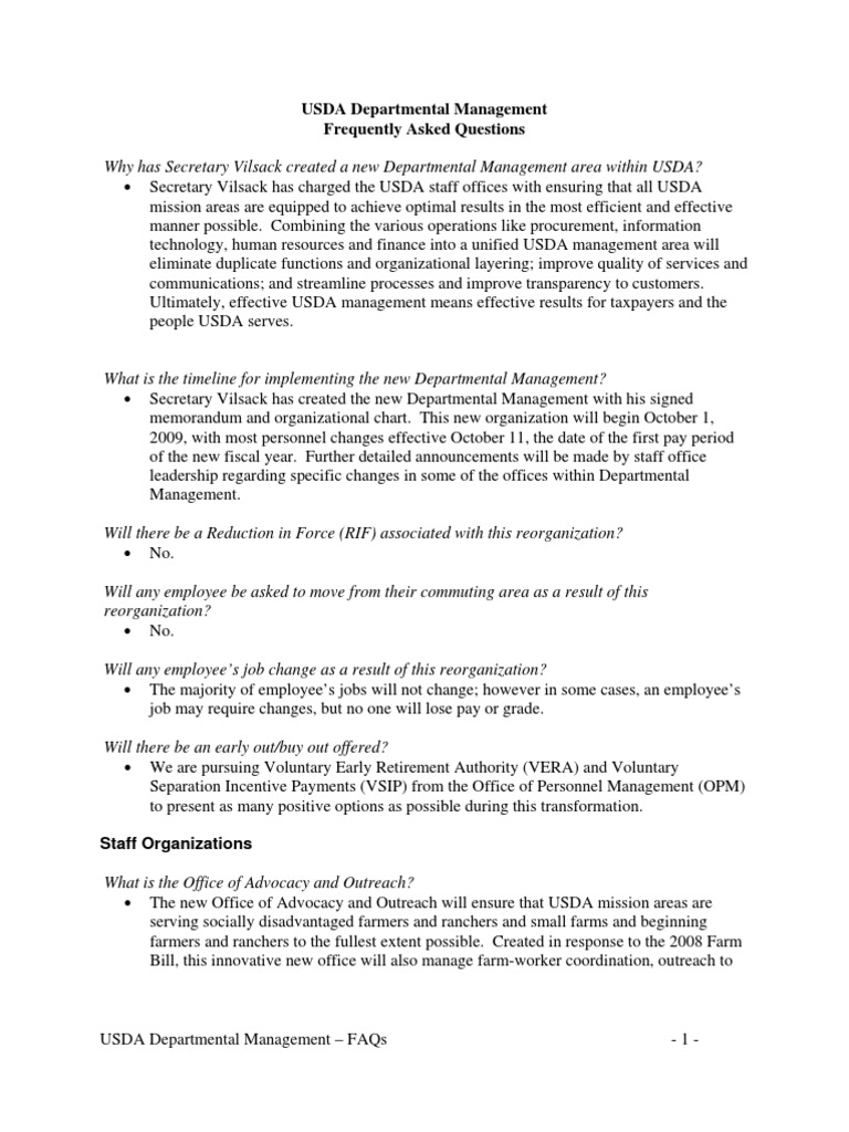 October 2009 USDA Management Reorganization Frequently Asked Questions ...