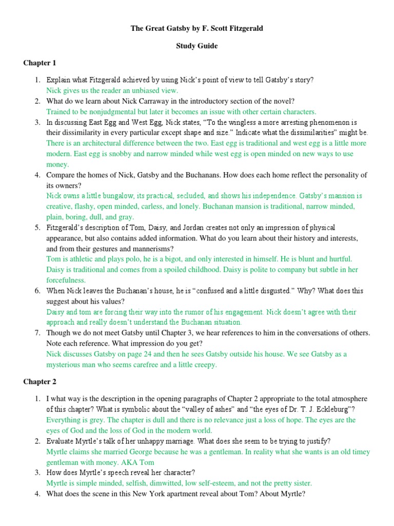 The great gatsby reading questions