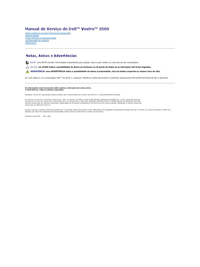 Vostro-3500 Service Manual Pt-br | Memória de Acesso Aleatório | Bluetooth