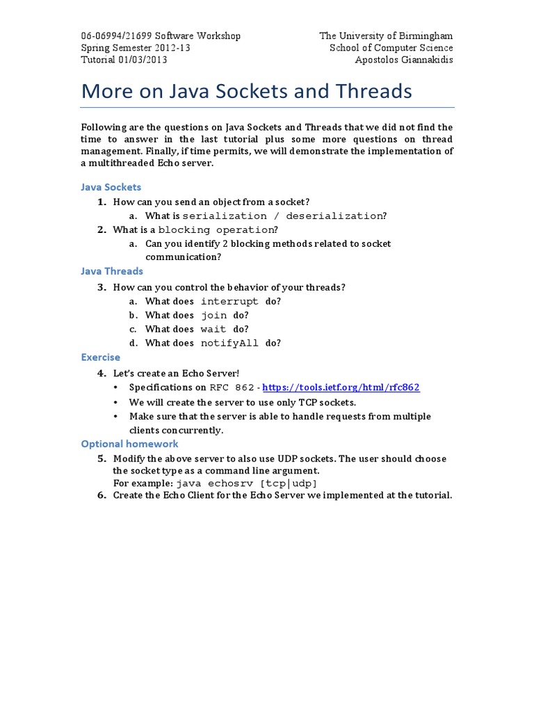 Java Sockets and Threads Workshop Guide | PDF