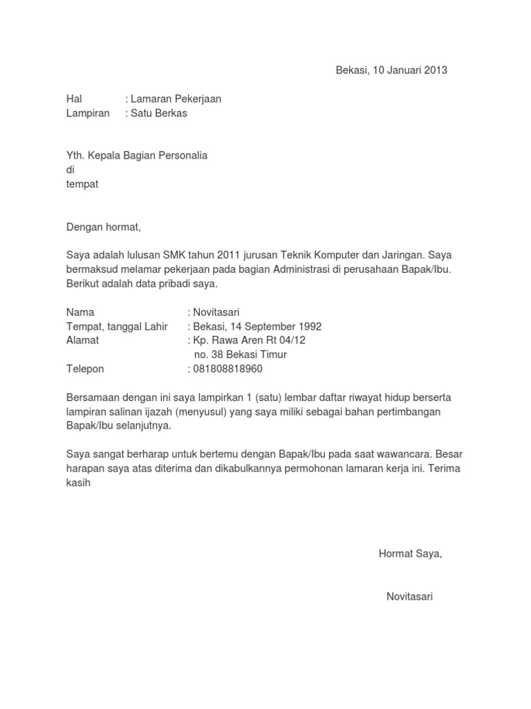Download 64+ Contoh Surat Lamaran Kerja Lulusan Smk Gratis