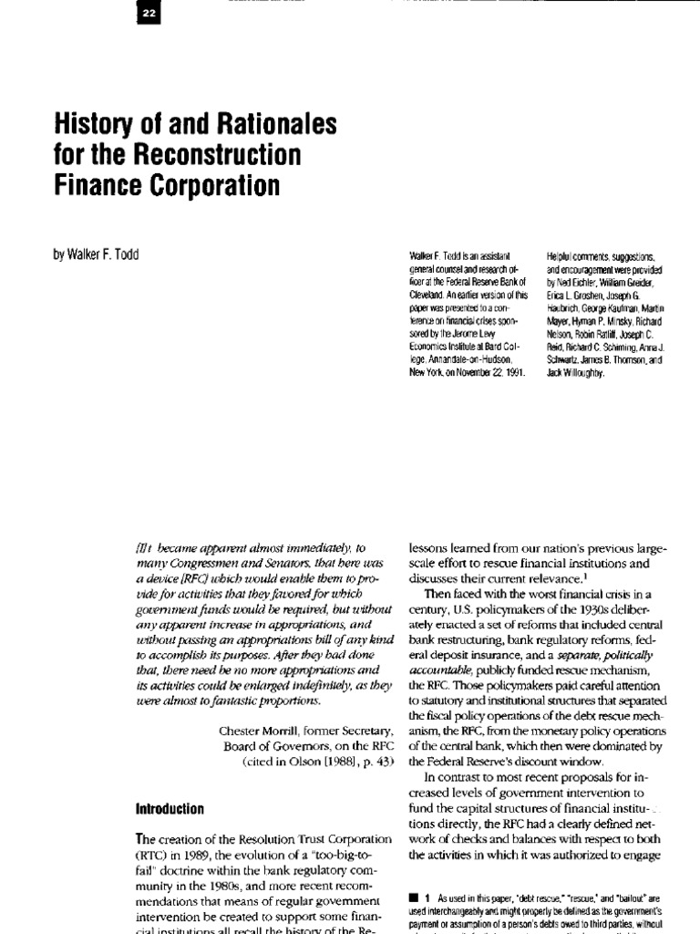History of and Rationales For The Reconstruction Finance Corporation
