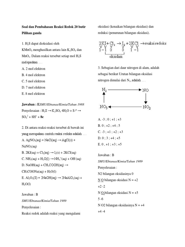 Soal Dan Pembahasan Reaksi Redok 20 Butir Pilihan Ganda