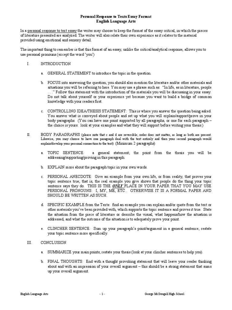 Personal Response To Text Essay Format-26  PDF  Paragraph  Essays