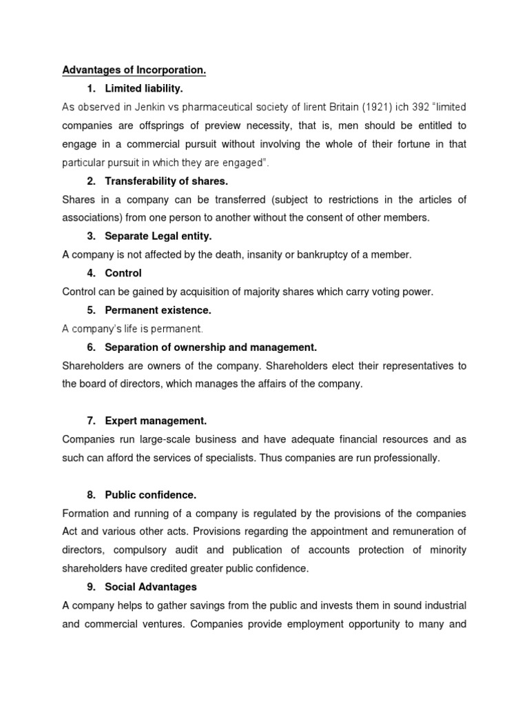 Advantages and Disadvantages of Incorporation PDF Board Of Directors Legal Personality