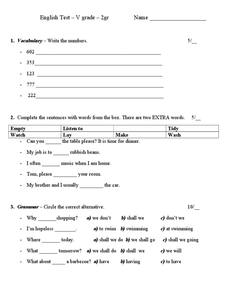 V Grade English Test Template | PDF