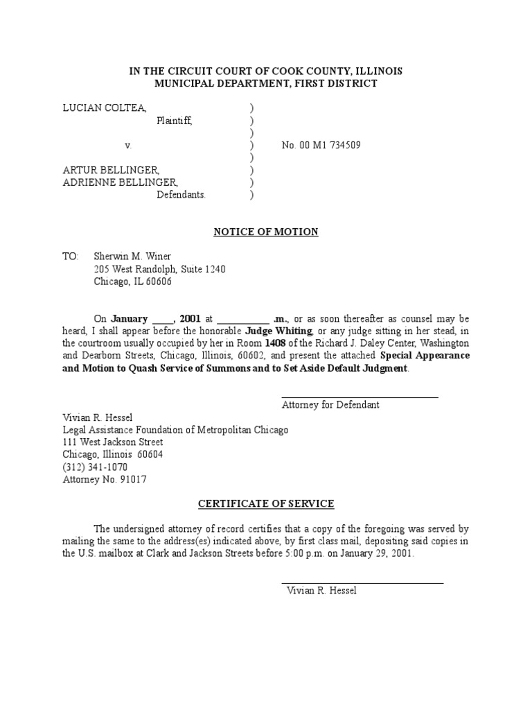 Motion to Quash Service of Summons and to Set Aside Default Judgment Service Of Process Summons